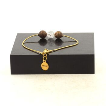 Bracelet en acier doré inoxydable 1 Perle Quartz craquelé du Brésil + bois 8 mm.