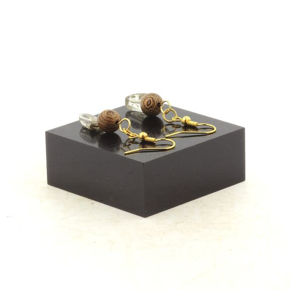 Boucles D'oreilles 2 Perles Quartz Tourmaline rutile du Brésil + bois 8 mm en acier doré inoxydable.