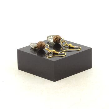Boucles D'oreilles 2 Perles Quartz Tourmaline rutile du Brésil + bois 8 mm en acier doré inoxydable.