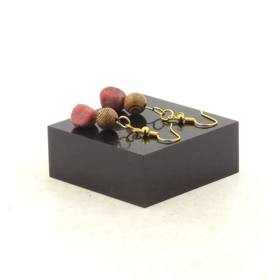 Boucles D'oreilles 2 Perles Rhodochrosite du Brésil + bois 8 mm en acier doré inoxydable.
