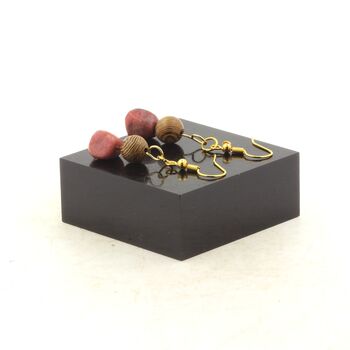 Boucles D'oreilles 2 Perles Rhodochrosite du Brésil + bois 8 mm en acier doré inoxydable.