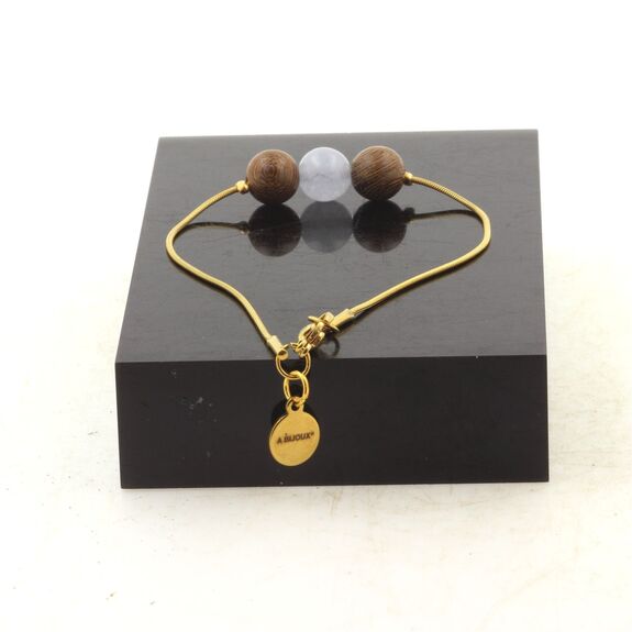 Bracelet en acier doré inoxydable 1 Perle Calcédoine bleu + bois 8 mm.