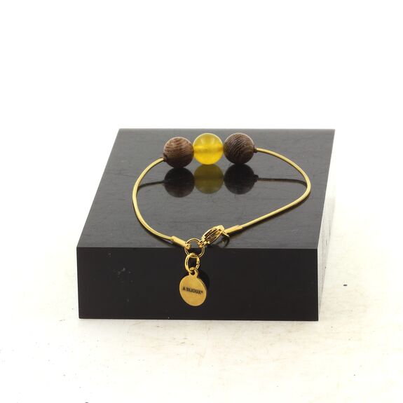 Bracelet en acier doré inoxydable 1 Perle Agate jaune + bois 8 mm.