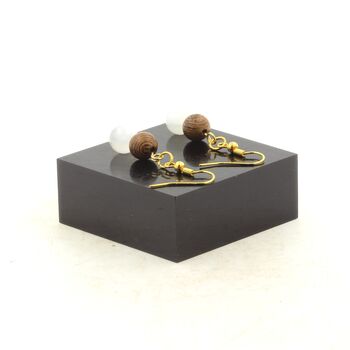 Golden stainless steel Earrings Selenite from Morocco + wood 8 mm 2 Beads.