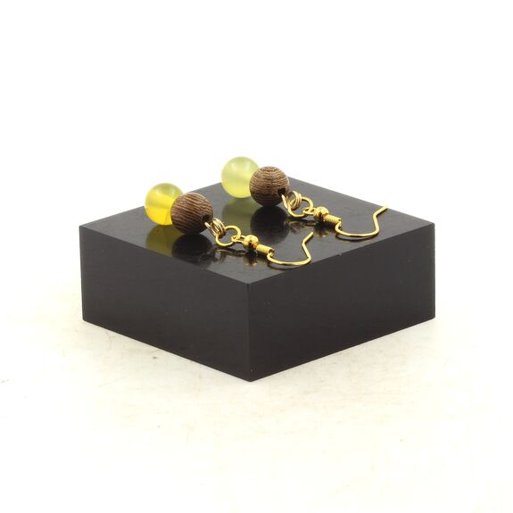 Boucles D'oreilles 2 Perles Sardonyx jaune + bois 8 mm en acier doré inoxydable.