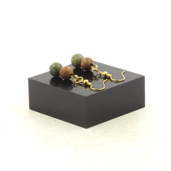 Boucles D'oreilles 2 Perles Serpentine + bois 8 mm en acier doré inoxydable.