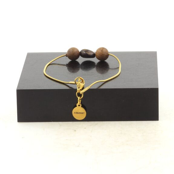 Golden stainless steel bracelet 1 Bronzite from Brazil Freeform 5 mm-8 mm + wood Bead.