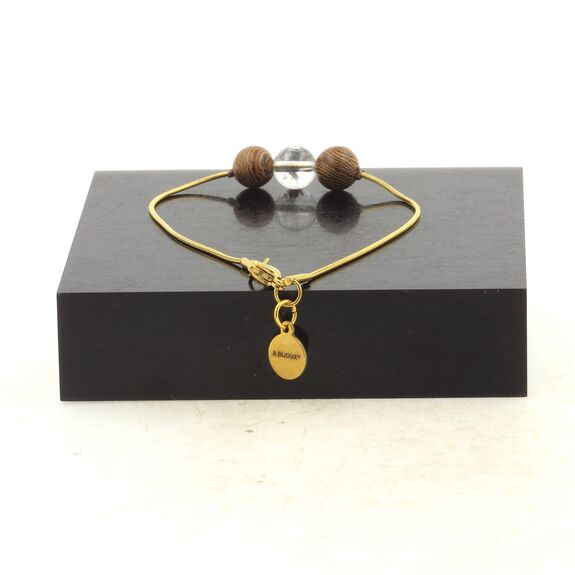 Golden stainless steel bracelet 1 Quartz from Brazil + wood 8 mm Bead.