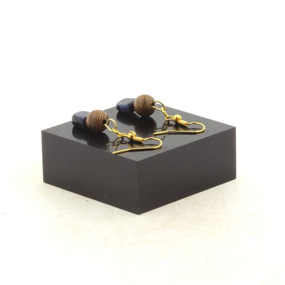 Boucles D'oreilles 2 Perles Sodalite du Brésil + bois 8 mm en acier doré inoxydable.