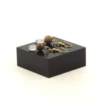 Boucles D'oreilles 2 Perles Topaze du Brésil + bois 8 mm en acier doré inoxydable.