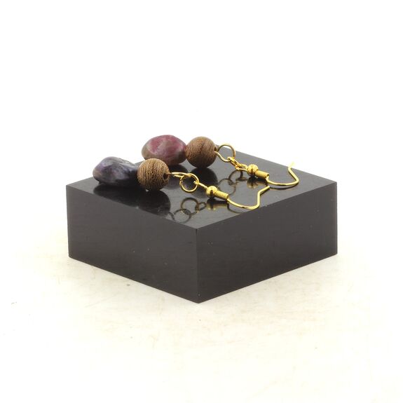 Boucles D'oreilles 2 Perles Tourmaline Rubellite du Brésil + bois 8 mm en acier doré inoxydable.