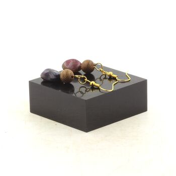 Boucles D'oreilles 2 Perles Tourmaline Rubellite du Brésil + bois 8 mm en acier doré inoxydable.