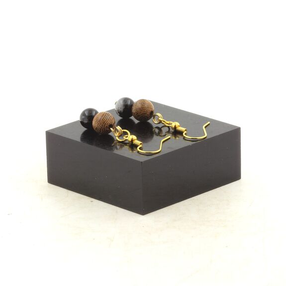 Boucles D'oreilles 2 Perles Tourmaline Schorl + bois 8 mm en acier doré inoxydable.