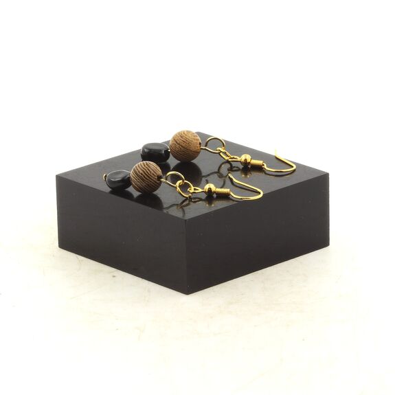 Boucles D'oreilles 2 Perles Tourmaline Schorl du Brésil + bois 8 mm en acier doré inoxydable.