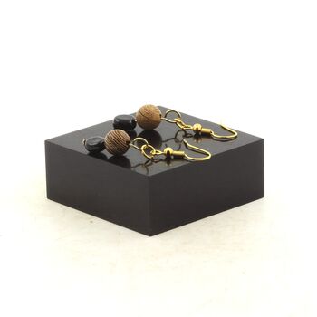 Boucles D'oreilles 2 Perles Tourmaline Schorl du Brésil + bois 8 mm en acier doré inoxydable.