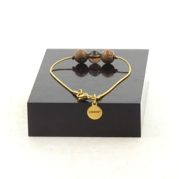Golden stainless steel bracelet 1 Smoky Quartz from Brazil Bead + wood 8mm.