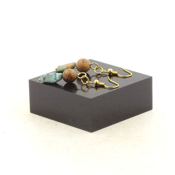 Boucles D'oreilles 2 Perles Turquoise Africaine d'Afrique du sud + bois 8 mm en acier doré inoxydable.