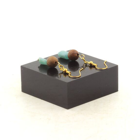 Golden stainless steel Earrings Amazonite from Brazil + wood 8 mm 2 Beads.
