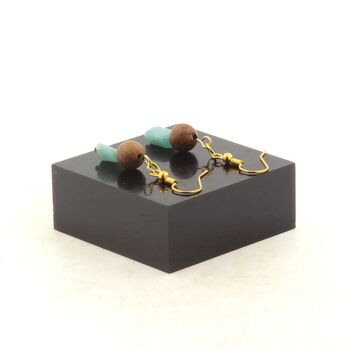 Golden stainless steel Earrings Amazonite from Brazil + wood 8 mm 2 Beads.