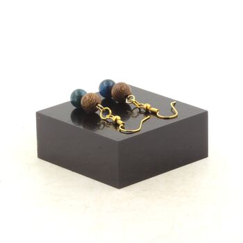 Boucles D'oreilles 2 Perles Apatite + bois 8 mm en acier doré inoxydable.