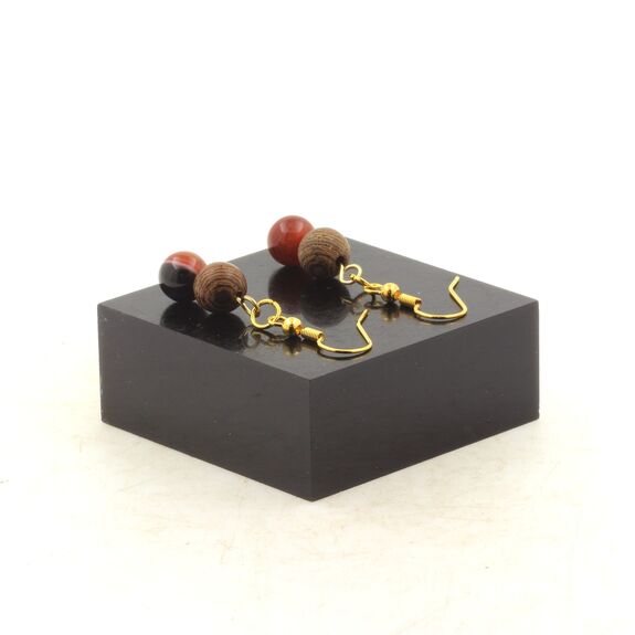 Boucles D'oreilles 2 Perles Agate de Rêve + bois 8 mm en acier doré inoxydable.