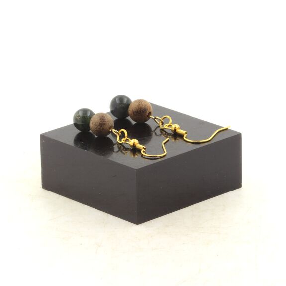 Boucles D'oreilles 2 Perles Agate mousse + bois 8 mm en acier doré inoxydable.