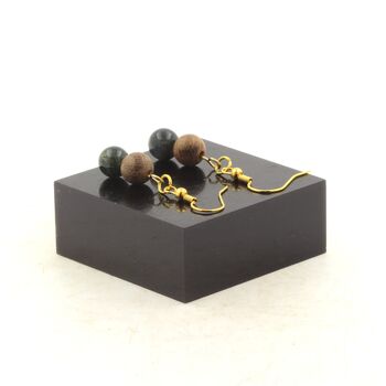 Boucles D'oreilles 2 Perles Agate mousse + bois 8 mm en acier doré inoxydable.