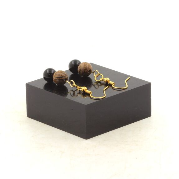 Golden stainless steel Earrings Black Agate + wood 8 mm 2 Beads.