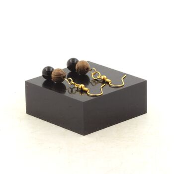Golden stainless steel Earrings Black Agate + wood 8 mm 2 Beads.