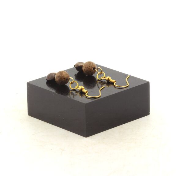 Boucles D'oreilles 2 Perles Bronzite du Brésil + bois 8 mm en acier doré inoxydable.