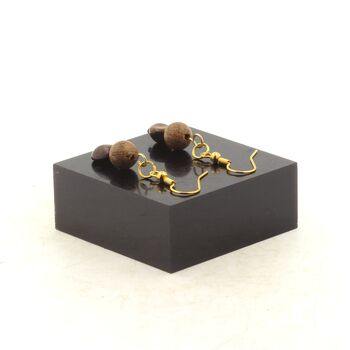 Boucles D'oreilles 2 Perles Bronzite du Brésil + bois 8 mm en acier doré inoxydable.