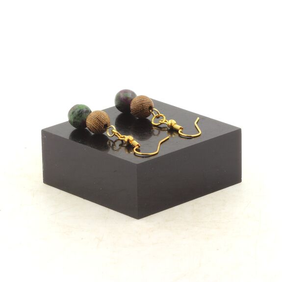 Golden stainless steel Earrings Epidote from Australia + wood 8 mm 2 Beads.
