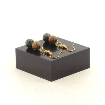 Golden stainless steel Earrings Epidote from Australia + wood 8 mm 2 Beads.