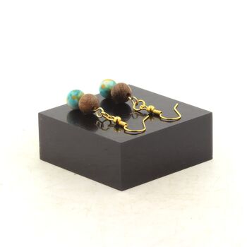 Golden stainless steel Earrings Blue orange Jasper + wood 8 mm 2 Beads.