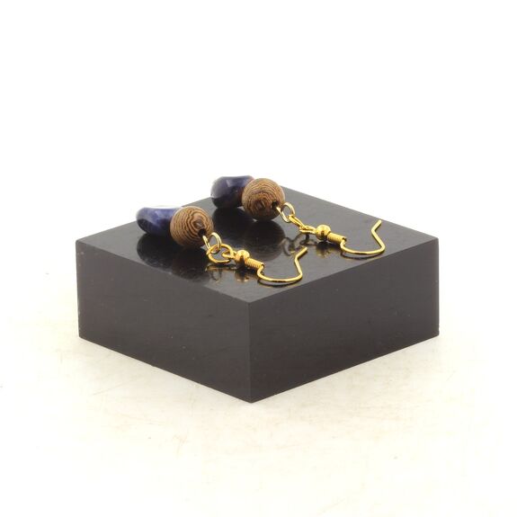 Golden stainless steel Earrings Blue Jasper from South Africa + wood 8 mm 2 Beads.
