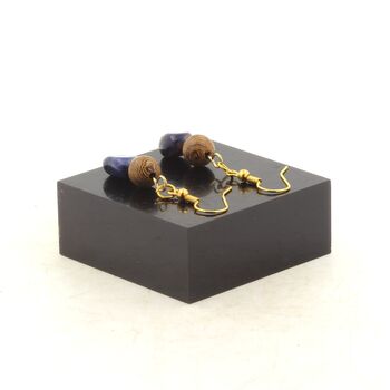 Golden stainless steel Earrings Blue Jasper from South Africa + wood 8 mm 2 Beads.