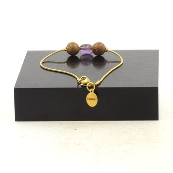 Golden Stainless steel bracelet 1 Freeform Amethyst from Brazil + wood 8mm Beads.