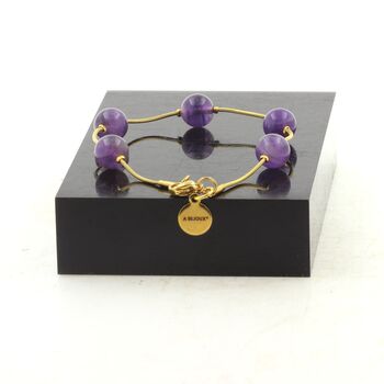 Golden Stainless steel bracelet 5 Amethyst 8mm Beads.