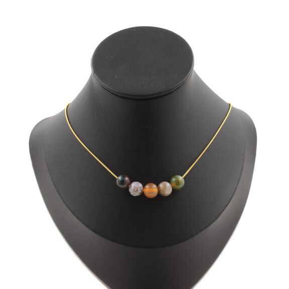 Indian Agate 5 beads necklace 8 mm. Golden stainless steel chain