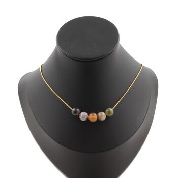 Indian Agate 5 beads necklace 8 mm. Golden stainless steel chain