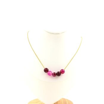 Pink banded Agate 5 beads necklace 8 mm. Golden stainless steel chain