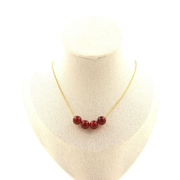 Red Agate 4 beads necklace 8 mm. Golden stainless steel chain