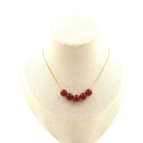 Red Agate 5 beads necklace 8 mm. Golden stainless steel chain