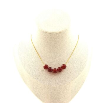 Red Agate 5 beads necklace 8 mm. Golden stainless steel chain
