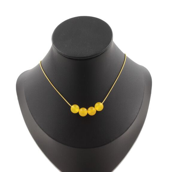 Yellow Agate 4 beads necklace 8 mm. Golden stainless steel chain
