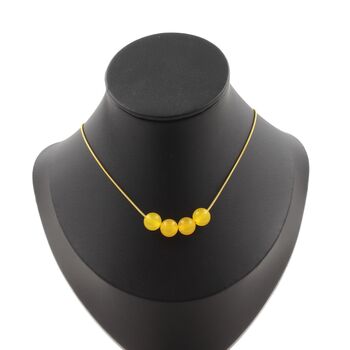 Yellow Agate 4 beads necklace 8 mm. Golden stainless steel chain