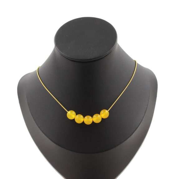 Yellow Agate 5 beads necklace 8 mm. Golden stainless steel chain