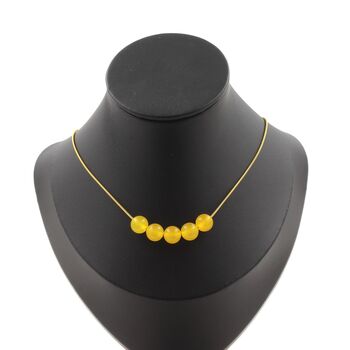 Yellow Agate 5 beads necklace 8 mm. Golden stainless steel chain