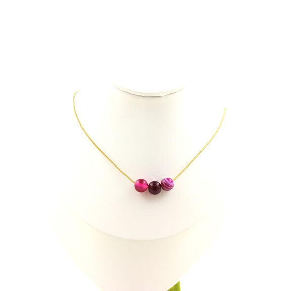 Pink banded Agate 3 beads necklace 8 mm. Golden stainless steel chain