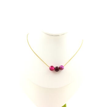 Pink banded Agate 3 beads necklace 8 mm. Golden stainless steel chain